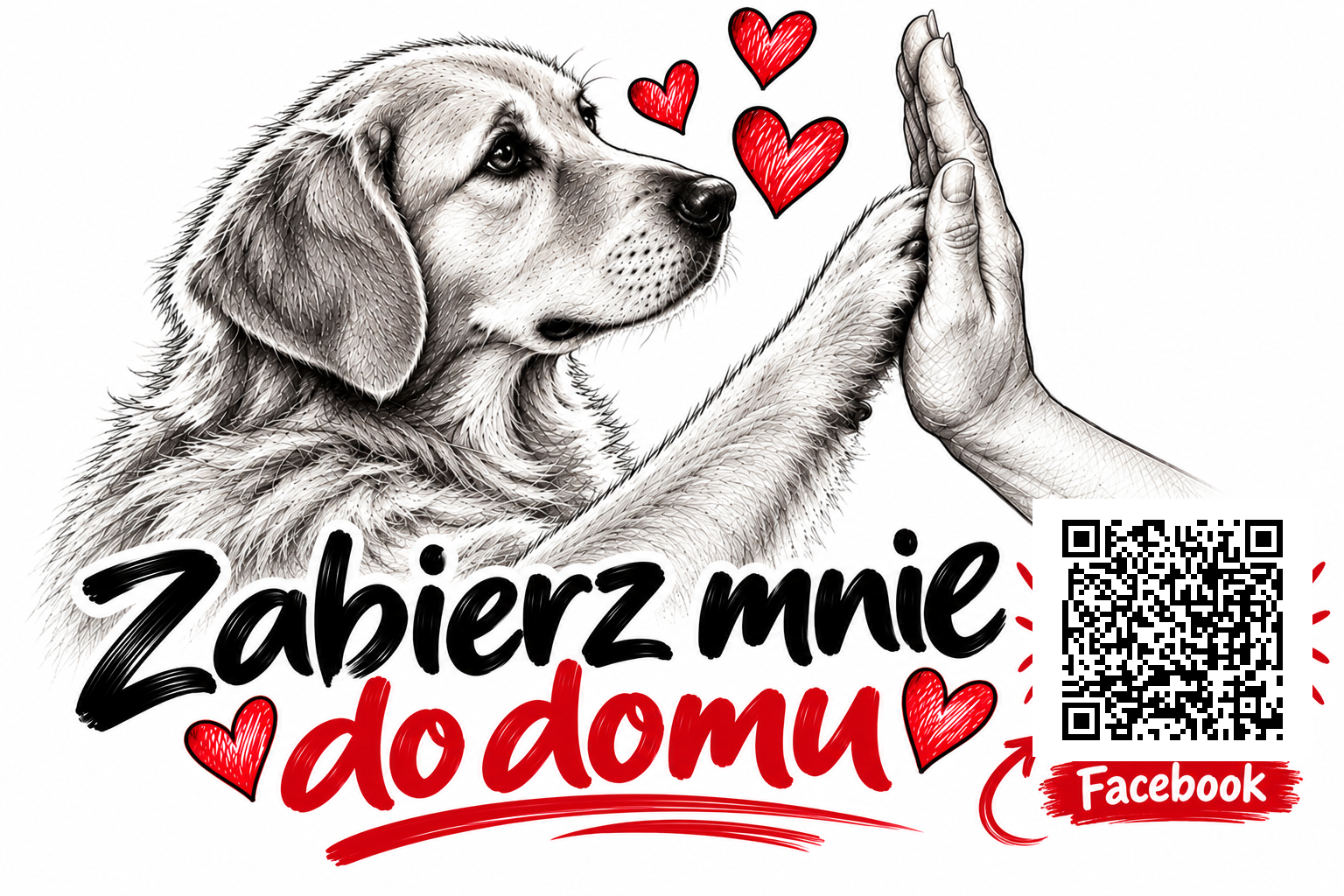 Plakat adopcyjny Zabierz mnie do domu z kodem QR Facebooka. Kliknij plakat, aby otworzyć Facebooka.